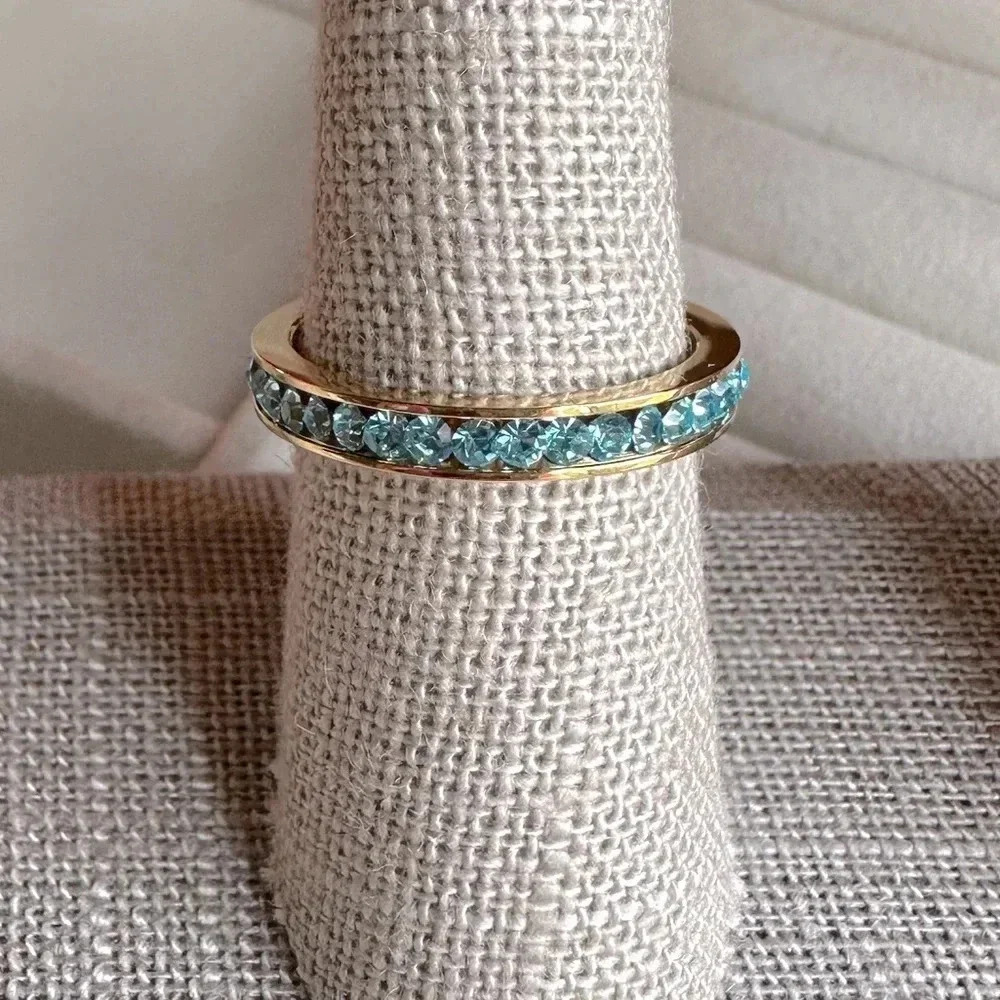 Aquamarine Colored CZ 18k Gold Stainless Steel Band Ring March Birthstone Blue - Picture 1 of 9